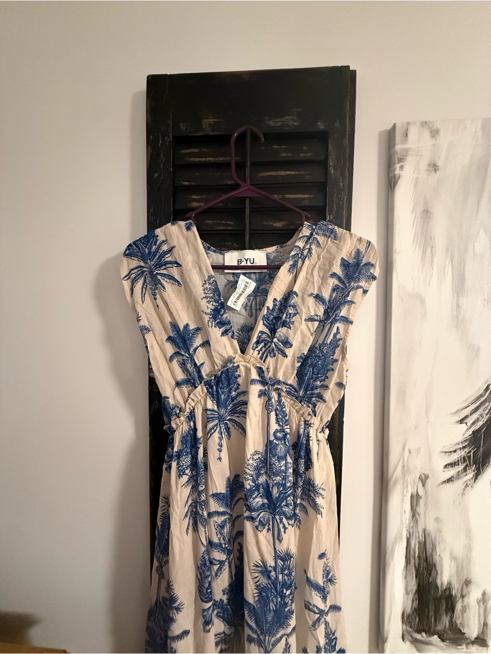 B-YU Cream Maxi Dress with Blue Palm Print